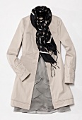 Heller coat, cocktail dress in silver gray and silk scarf with fringe on white background