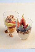 Peach and apple salad, pear salad with mascarpone cheese in glasses