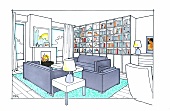 Illustration of living room with sofas in middle of the room, book shelf