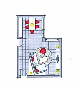 Wohnzimmer, Platzierung des Sofas, diagonal, Raumaufteilung, Zeichnung