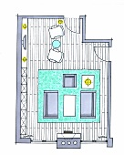 Wohnzimmer, Platzierung des Sofas in der Mitte, Raumaufteilung, Zeichnung