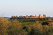 Italien, Siena, Monteriggioni, Festungsbau im Abendlicht