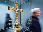 The Cross of Lothair exhibit in glass box in the Cathedral Treasury, Aachen, Germany
