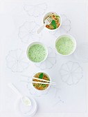 Ginger and cucumber soup with spicy rice noodle salad (seen from above)