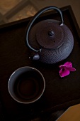Cast iron teapot with tea cup on tray