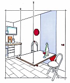 Zeichnung: Konzept für hängenden Esstisch in einer kleinen Küche