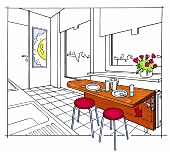 Konzept für klappbaren Tisch in einer kleinen Küche