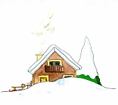 Illustration, Haus im Schnee und Schneemann