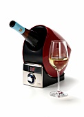 Electric Wine Cooler with wine class against white background