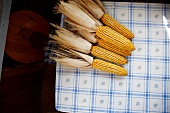 Corncobs with leaves on table