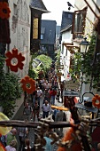 Tourist walking through Throttle alley in Rudesheim, Germany