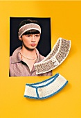 Close-up of two knitted headbands with buttons and catwalk photo on yellow background