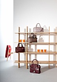 Shelf with various handbags against white wall