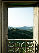 View of forest on mountains from bedroom in Tuscany, Italy