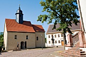 View of Borna Emmaus Church Tower with blue sky in background, Saxony, Germany