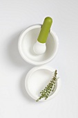 Spices in mortar and pestle on white background