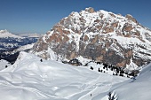 View of Lagazuoi with snow at Alta Badia, Dolomites, Corvara, South Tyrol, Italy