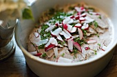 Close-up of veal garnished with radish and herbs in bowl