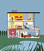 Illustration Querschnitt Haus Wohnungen