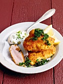 Viennese fried chicken with chive sauce and lemon on plate