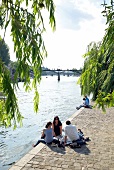 Paris: Square du Vert Galant, Menschen an der Seine, sommerlich