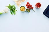 Various ingredients arranged on white background