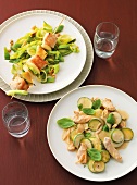 Diabetiker-Küche, Pute mit Zucchini und Hähnchenspieß auf Lauch
