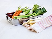 Vegetable soup ingredients in a steel bowl