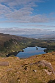 View of lake and landscape from Beara Peninsula mountain, Ireland, UK