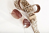 Aviator sunglasses and belt with studs on white background