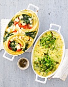 Two different types of vegetable gratins in casseroles, express cooking