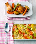 Oven pumpkin with chicken and vegetable gratin on plate