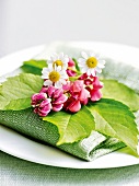 What to cook. Place setting with green napkin, leaves and flowers