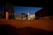 View of old meat packing shop at night, New York, USA