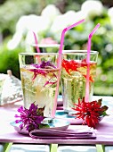 Gläser mit Strohhalmen und Blüten auf einem Gartentisch
