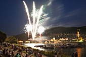 View of fireworks on Karl-Theodor Bridge Castle Neckar at evening in Heidelberg, Germany