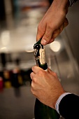Opening bottle of wine with corkscrew