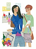 Illustration, Paar, Frau und Mann an der Kasse im Supermarkt, Flirt