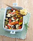 Roasted vegetables with polenta in serving dish