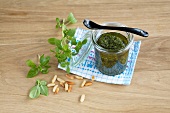 Summer herb pesto in glass jar