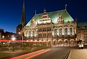 Illuminated town hall at night, Bremen, Germany, long exposure