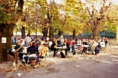 People at beer garden in the courtyard of Augustiner Brau, Salzburg, Austria