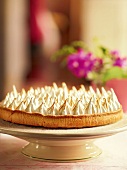 Lemon tart with meringue topping on cake stand, France