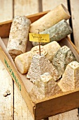Frankreich, Kiste mit Käse- rollen und Pyramiden