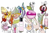 Montage of summer perfumes, illustration