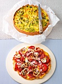 Lorraine leek pie and rice pizza on plates