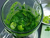 Close-up of herb puree in mixer jar, step 2