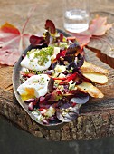 Eichblattsalat mit pochiertem Ei, Bergkäse, Kidneybohnen & Brot