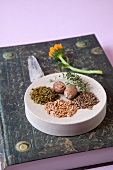 Various herbal medicines in bowl and on wooden spoon, overhead view