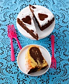 Pieces of chocolate cake and marble cake on plate 